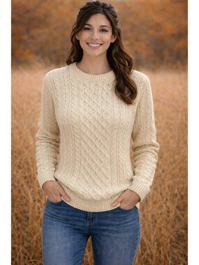 Carraig Donn Cream Cable Knit Merino Wool Sweater Womens S/M Made In Ireland